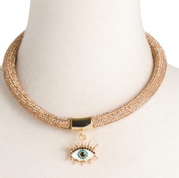 Kurt Geiger London Crystal Eye Pendant Rope Collar Necklace in Gold - Picture 1 of 14